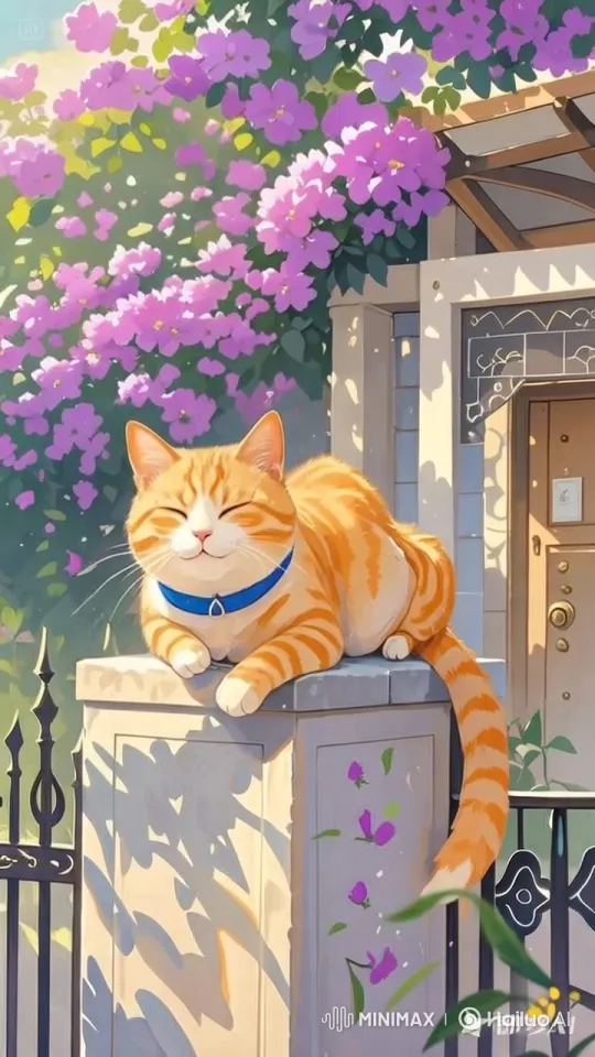 Peaceful Tabby Cat on Pedestal Amidst Flowery Garden – AI Generated Video | Hailuo AI