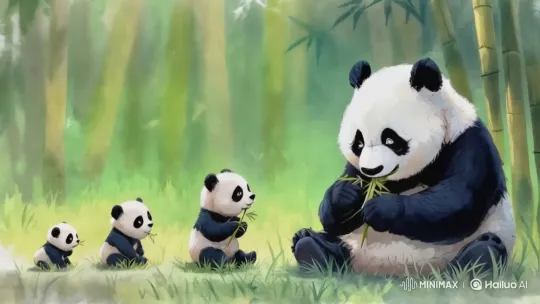 Panda Family Enjoying Bamboo in Serene Forest – AI Generated Video | Hailuo AI