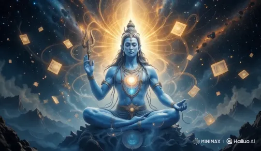 Cosmic Blue Deity in Meditative Pose Amidst Celestial Landscape – AI Generated Video | Hailuo AI