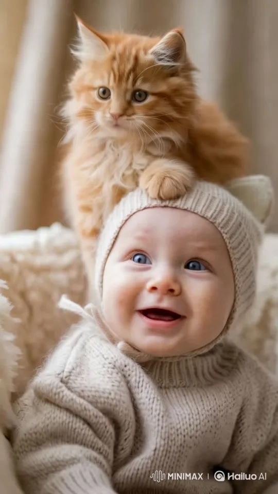 Cozy Indoor Scene: Kitten and Baby Interaction – AI Generated Video | Hailuo AI