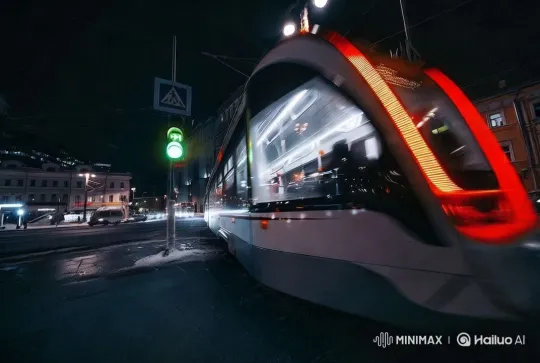 Modern Tram Glides Through Vibrant Night Cityscape – AI Generated Video | Hailuo AI