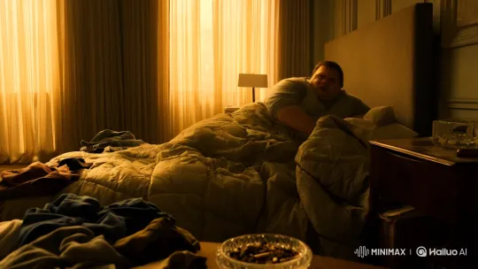 Disheveled Man Awakens to Alarm in Cluttered Bedroom – AI Generated Video | Hailuo AI