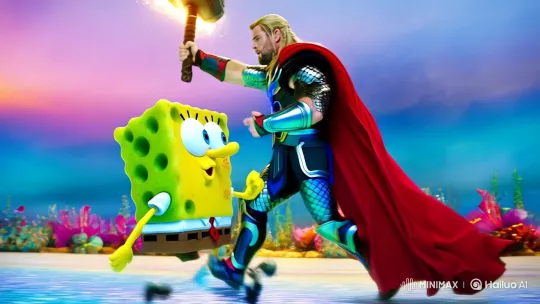 Thor Battles SpongeBob in Surreal, Dreamlike Arena – AI Generated Video | Hailuo AI