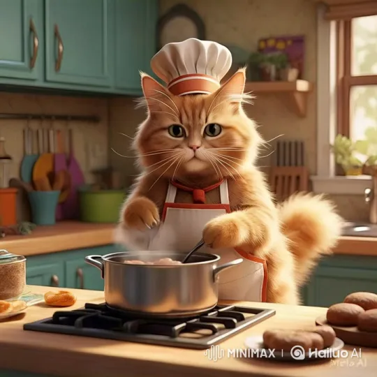 Chef Cat Cooks Meat Soup in Cozy Kitchen – AI Generated Video | Hailuo AI