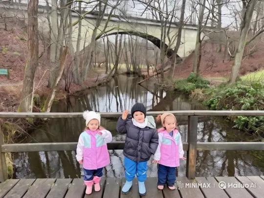 Children on Bridge Amidst Serene Autumn Landscape – AI Generated Video | Hailuo AI
