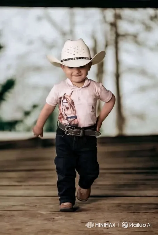 Child in Cowboy Hat Strides Confidently in Rustic Setting – AI Generated Video | Hailuo AI