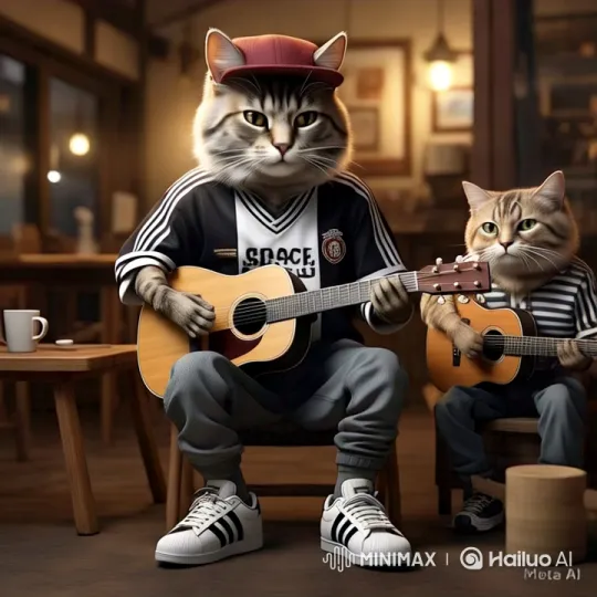 Calm Cat Strums Guitar in Cozy Setting – AI Generated Video | Hailuo AI