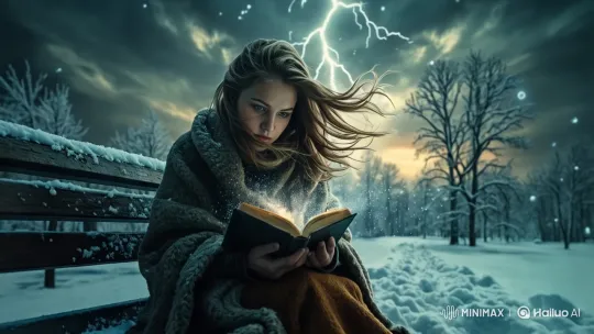 Magical Reading Under Stormy Snowy Skies – AI Generated Video | Hailuo AI