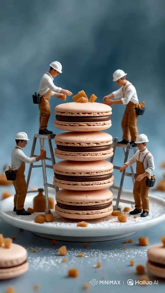 Miniature Workers Craft Macarons in Artistic Scene – AI Generated Video | Hailuo AI