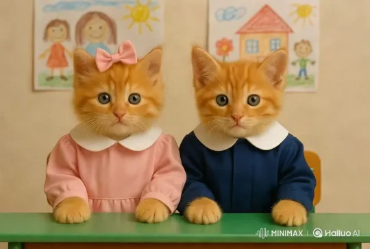Cute Kittens in Dresses Share Kiss and Greet Viewers – AI Generated Video | Hailuo AI