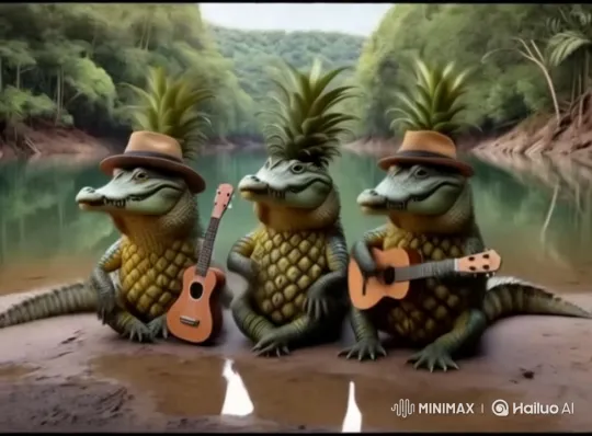 Whimsical Alligators with Pineapples and Hats on Riverbank – AI Generated Video | Hailuo AI