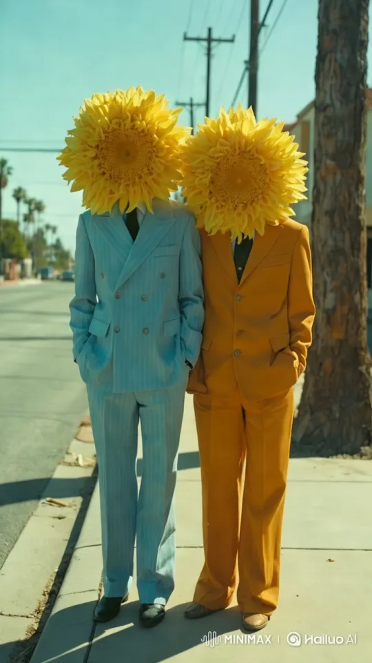 Boys in Sunflower Suits Strut Down Urban Street – AI Generated Video | Hailuo AI