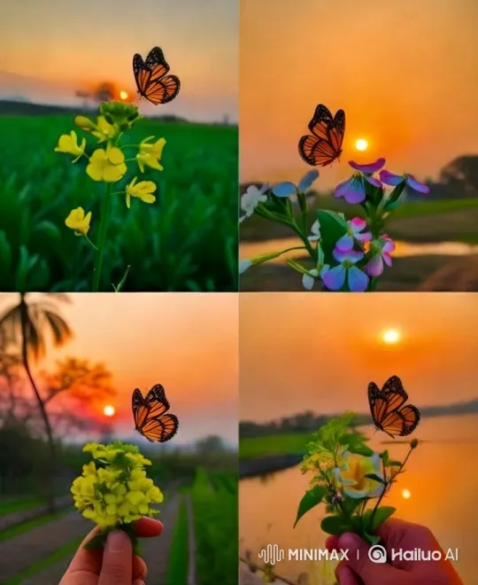 Graceful Butterfly Amidst a Vibrant Sunset Landscape – AI Generated Video | Hailuo AI