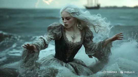 Historical Gown Woman Struggles in Stormy Sea – AI Generated Video | Hailuo AI
