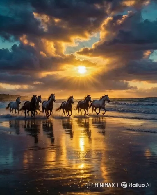 Horses Galloping at Sunset: A Visual Spectacle – AI Generated Video | Hailuo AI