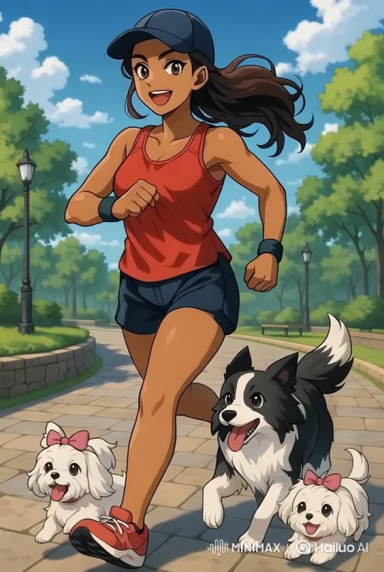 Athletic Woman Running with Dogs in Lush Tropical Trail – AI Generated Video | Hailuo AI