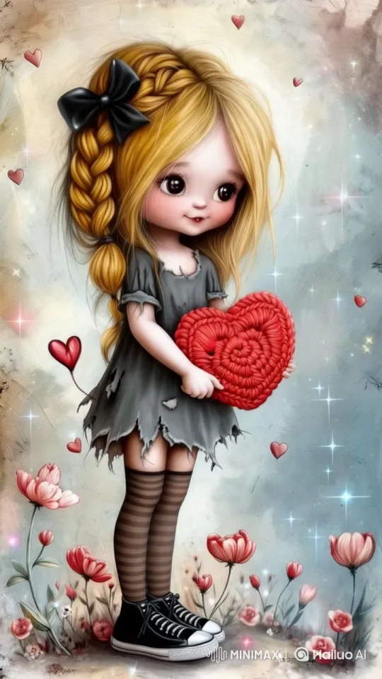 Dreamy Girl Offers Heart to Curious Kitten – AI Generated Video | Hailuo AI