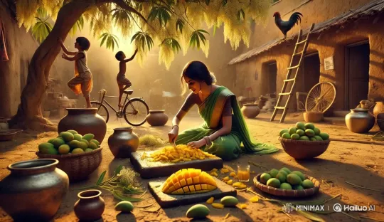 Village Life: Woman Chops Mangoes, Boy Climbs Tree – AI Generated Video | Hailuo AI