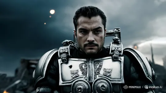 Man in Power Armor Prepares for Battle in Warhammer 40k Setting – AI Generated Video | Hailuo AI
