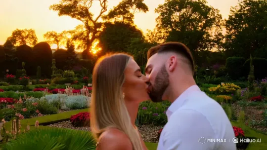 Romantic Couple Kissing in Sunset-Lit Garden – AI Generated Video | Hailuo AI