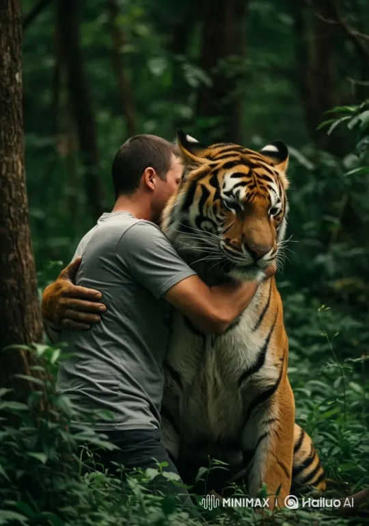 Man Embraces Majestic Tiger in Serene Forest – AI Generated Video | Hailuo AI
