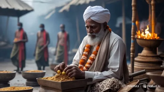 Traditional Ritual Preparation in Vibrant Market Setting – AI Generated Video | Hailuo AI