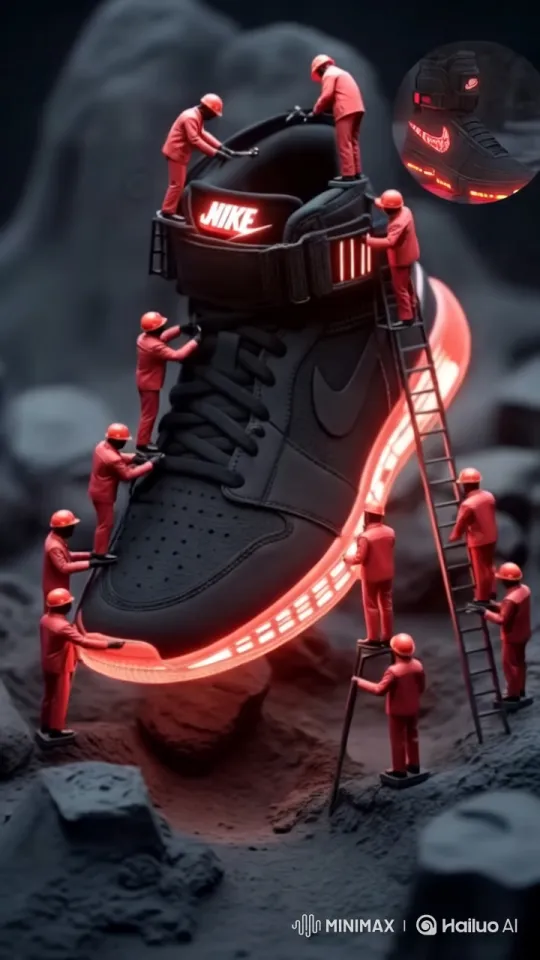 Miniature Craftsmen Detailing Nike Shoe with LED Lights – AI Generated Video | Hailuo AI