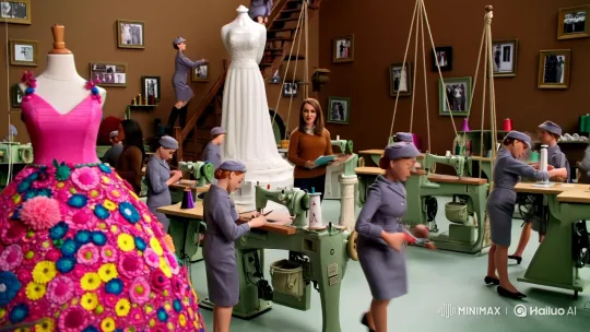 Fantasy Fashion Factory: Mini Workers Craft Giant Dress – AI Generated Video | Hailuo AI