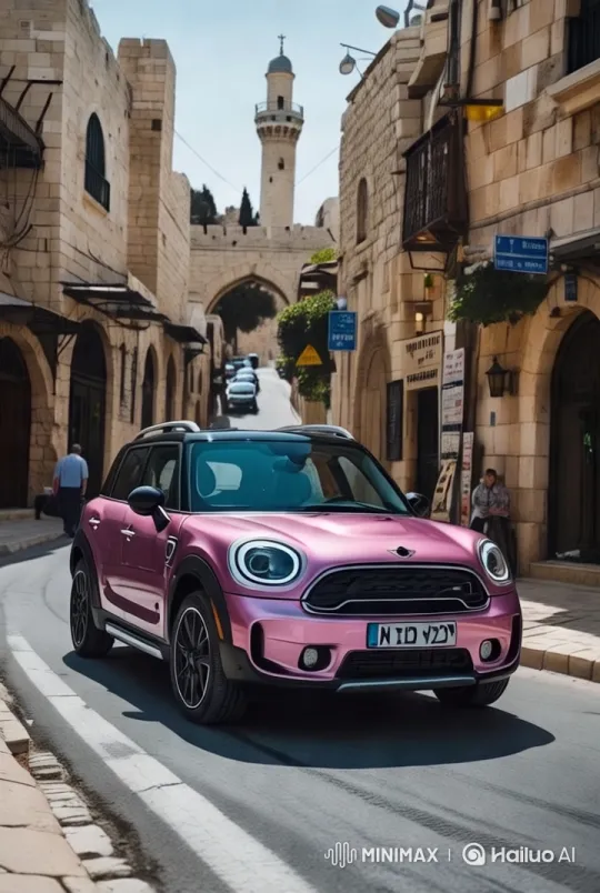 Pink Mini Cooper with Laughing Baby in Historic Street – AI Generated Video | Hailuo AI