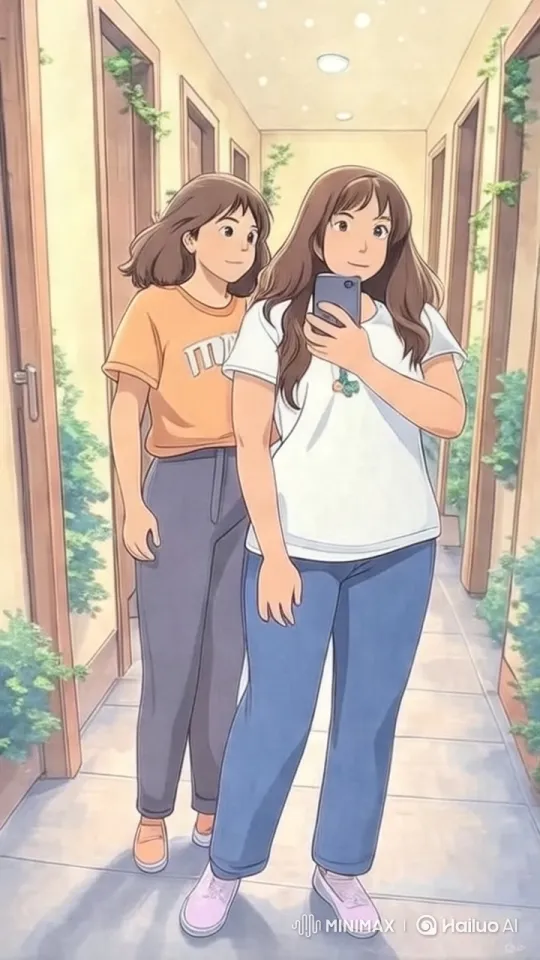 Girls Taking Selfie in Lush Hallway with Vibrant Style – AI Generated Video | Hailuo AI