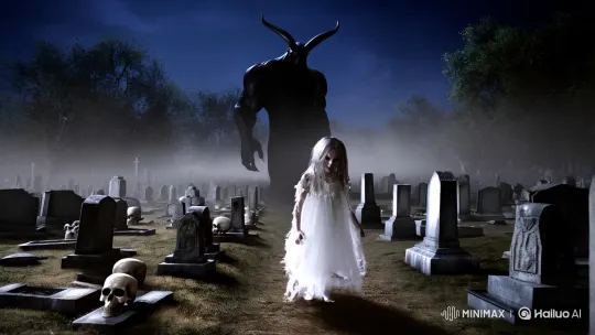 Ghost Girl Haunted by Shadow in Enigmatic Cemetery – AI Generated Video | Hailuo AI