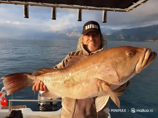 Man with Giant Fish on Serene Lake Amidst Mountains – AI Generated Video | Hailuo AI