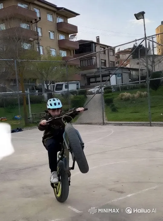 Youth Performing Bicycle Wheelie in Urban Setting – AI Generated Video | Hailuo AI