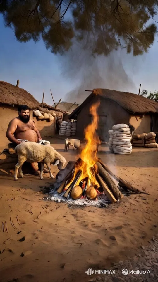 Rustic Serenity: Man Pets Sheep by Bonfire – AI Generated Video | Hailuo AI