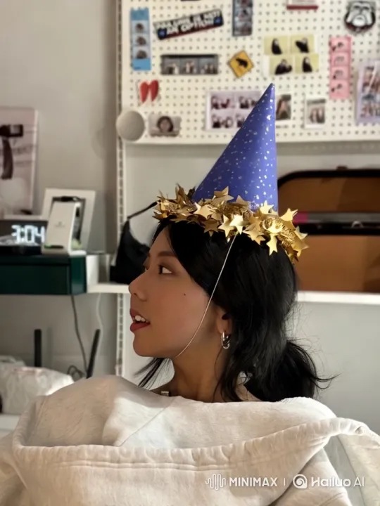 Young Woman in Elegant Profile with Decorated Party Hat – AI Generated Video | Hailuo AI