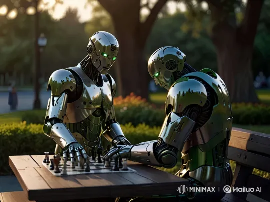 Futuristic Robots Play Chess in Serene Park Setting – AI Generated Video | Hailuo AI