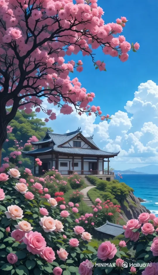 Tranquil Japanese House Amidst Lush Roses and Ocean – AI Generated Video | Hailuo AI