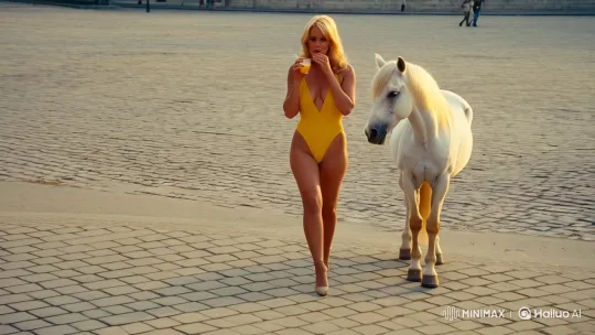Pamela Anderson in Paris: Glamorous Stroll with White Pony – AI Generated Video | Hailuo AI