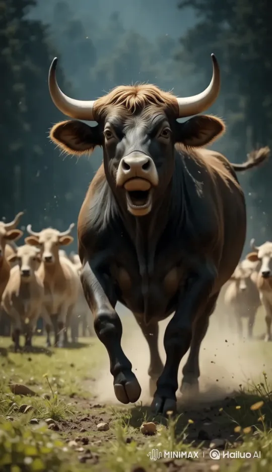 Bull's Shock and Dramatic Flight Captured on Camera – AI Generated Video | Hailuo AI