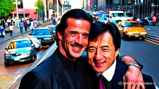 Van Damme and Chan: A Bonding Moment in Bustling City – AI Generated Video | Hailuo AI