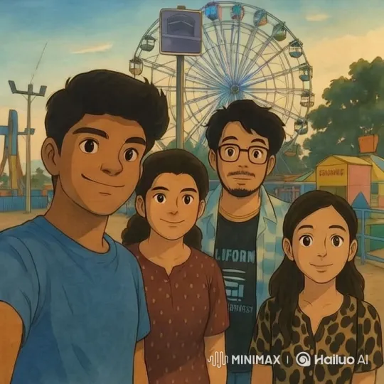 Amusement Park Scene with Ferris Wheel and Group – AI Generated Video | Hailuo AI