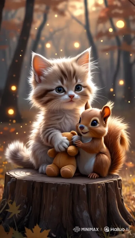 Kitten and Squirrel Share Teddy Bear in Peaceful Sunset – AI Generated Video | Hailuo AI