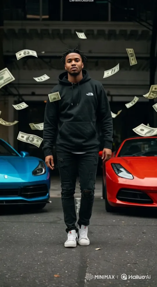 Urban Aesthetic: Young Man Amidst Floating Money and Sports Cars – AI Generated Video | Hailuo AI