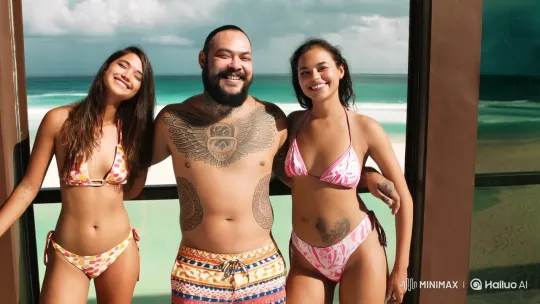 Mayan-Tattooed Man and Friends Enjoy Hawaiian Beach – AI Generated Video | Hailuo AI