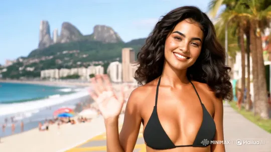 Confident Woman in Black Bikini on Copacabana Beach – AI Generated Video | Hailuo AI