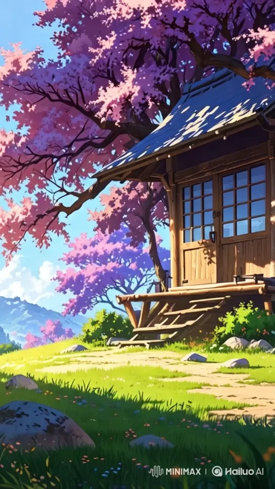 Cherry Blossoms Frame Tranquil Wooden House – AI Generated Video | Hailuo AI