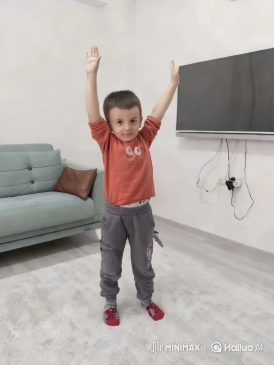 Boy Emulates Flight in Modern Living Room – AI Generated Video | Hailuo AI