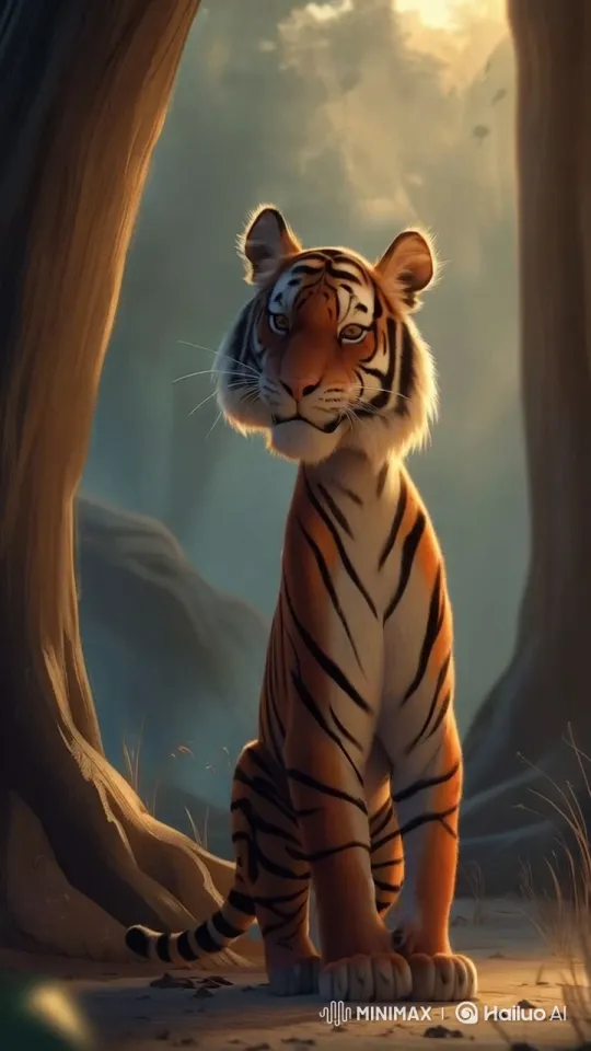 Tiger and Cat Share a Peaceful Moment in the Forest – AI Generated Video | Hailuo AI