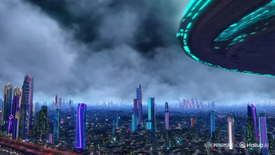 Cinematic Reveal of Spaceship DEMETER Over Futuristic Cityscape – AI Generated Video | Hailuo AI