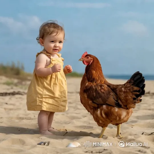 Young Girl Battles Chicken on Sandy Beach – AI Generated Video | Hailuo AI